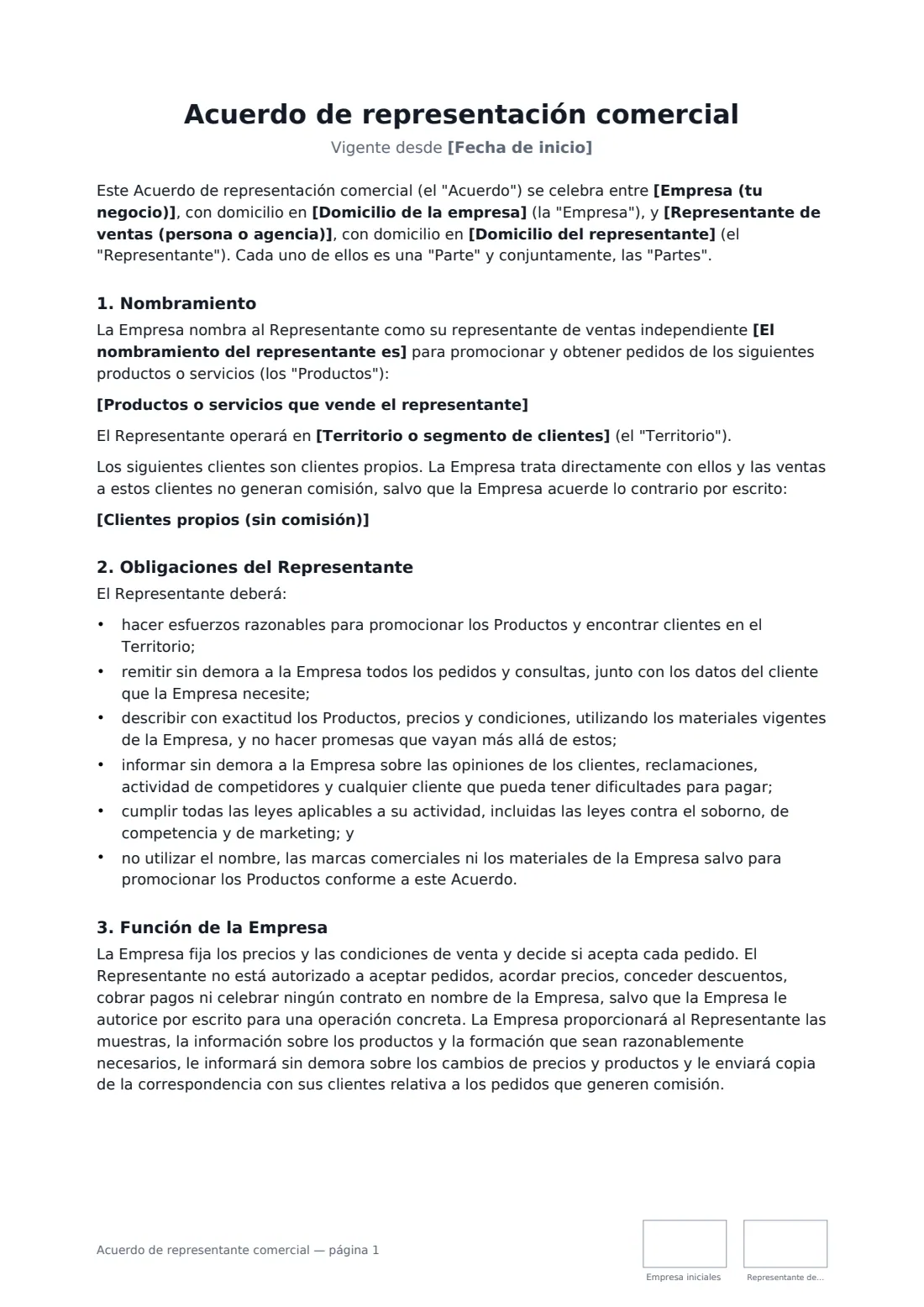 Acuerdo de representante comercial: página 1 de 3