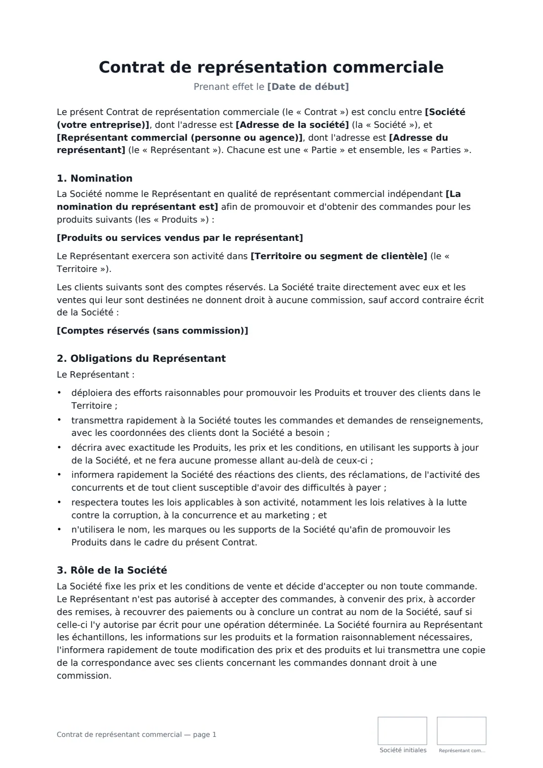 Contrat de représentant commercial — page 1 sur 3