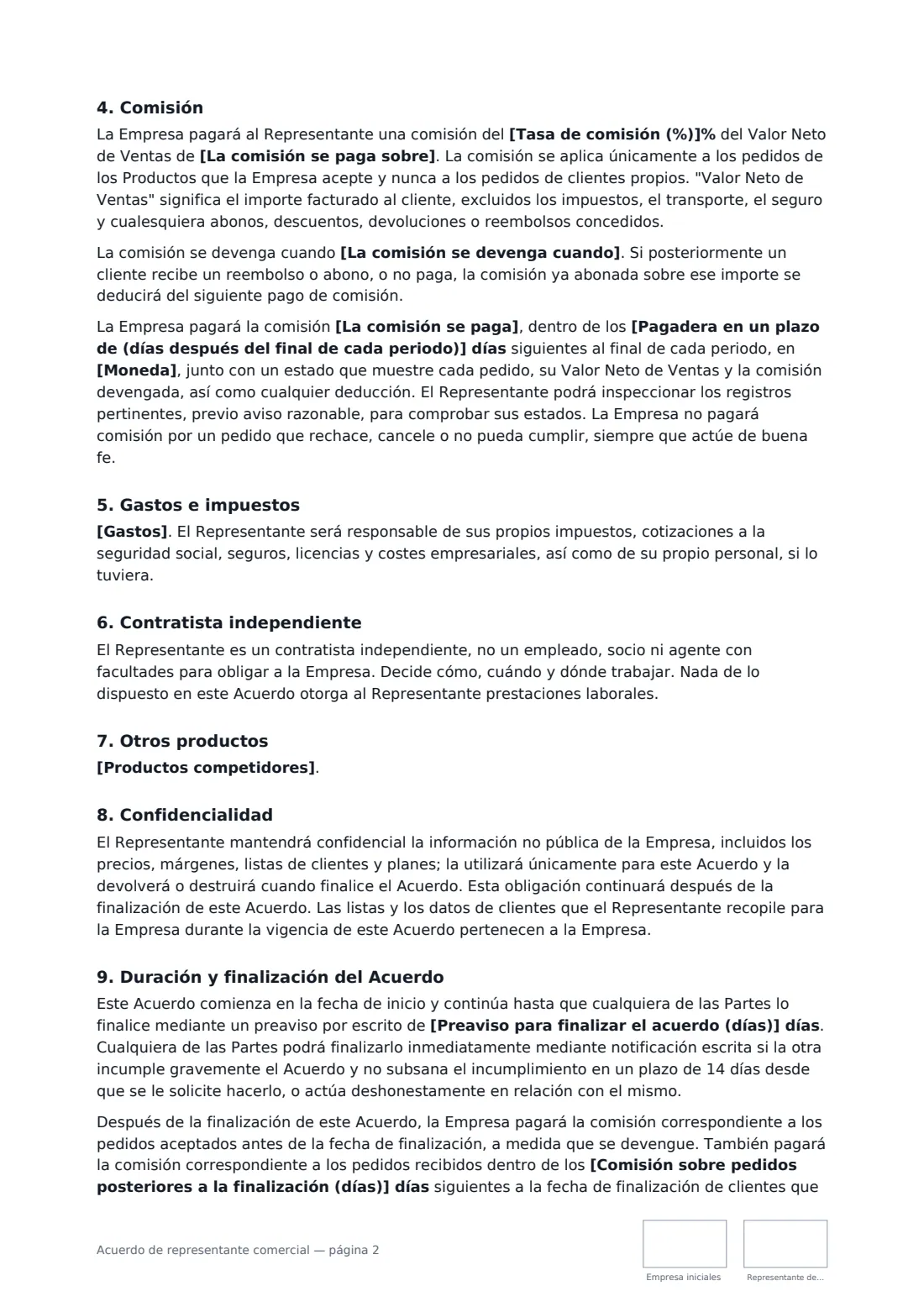 Acuerdo de representante comercial: página 2 de 3