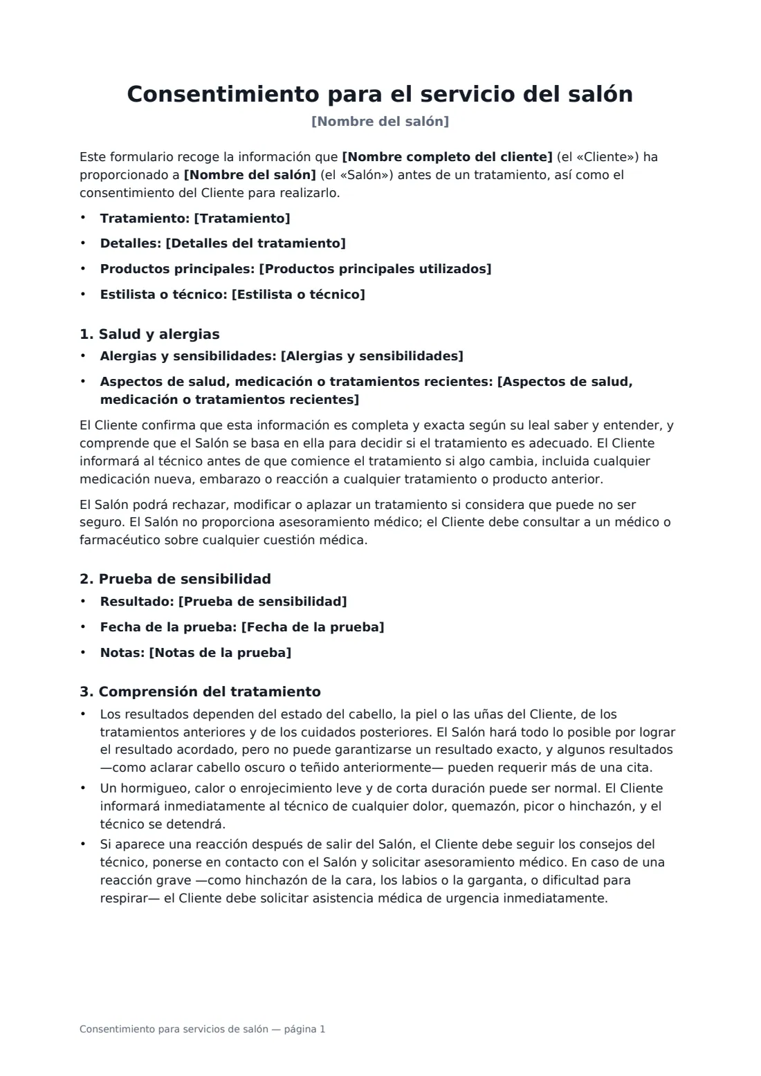 Consentimiento para servicios de salón: página 1 de 2