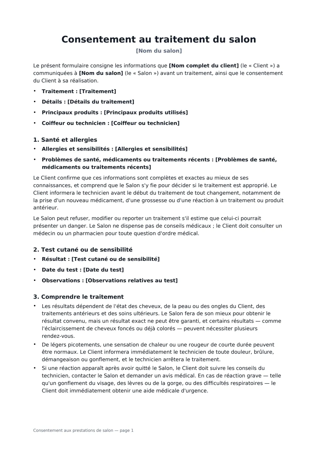 Consentement aux prestations de salon — page 1 sur 2