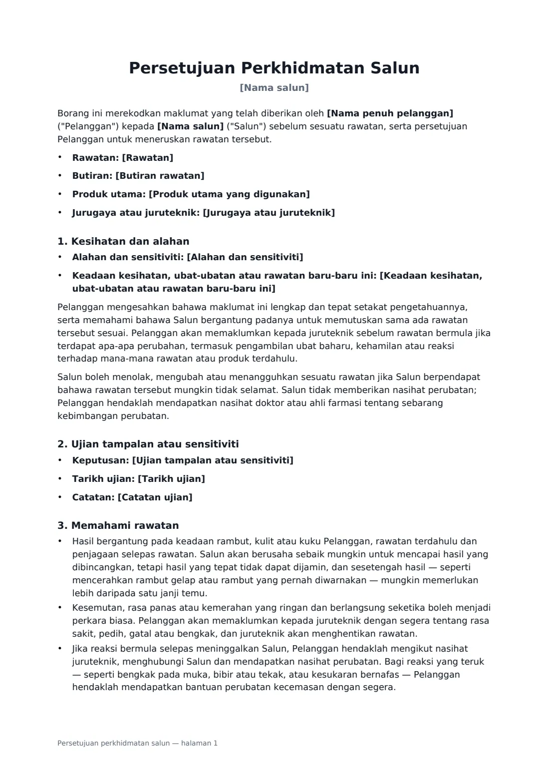Persetujuan perkhidmatan salun — halaman 1 daripada 2