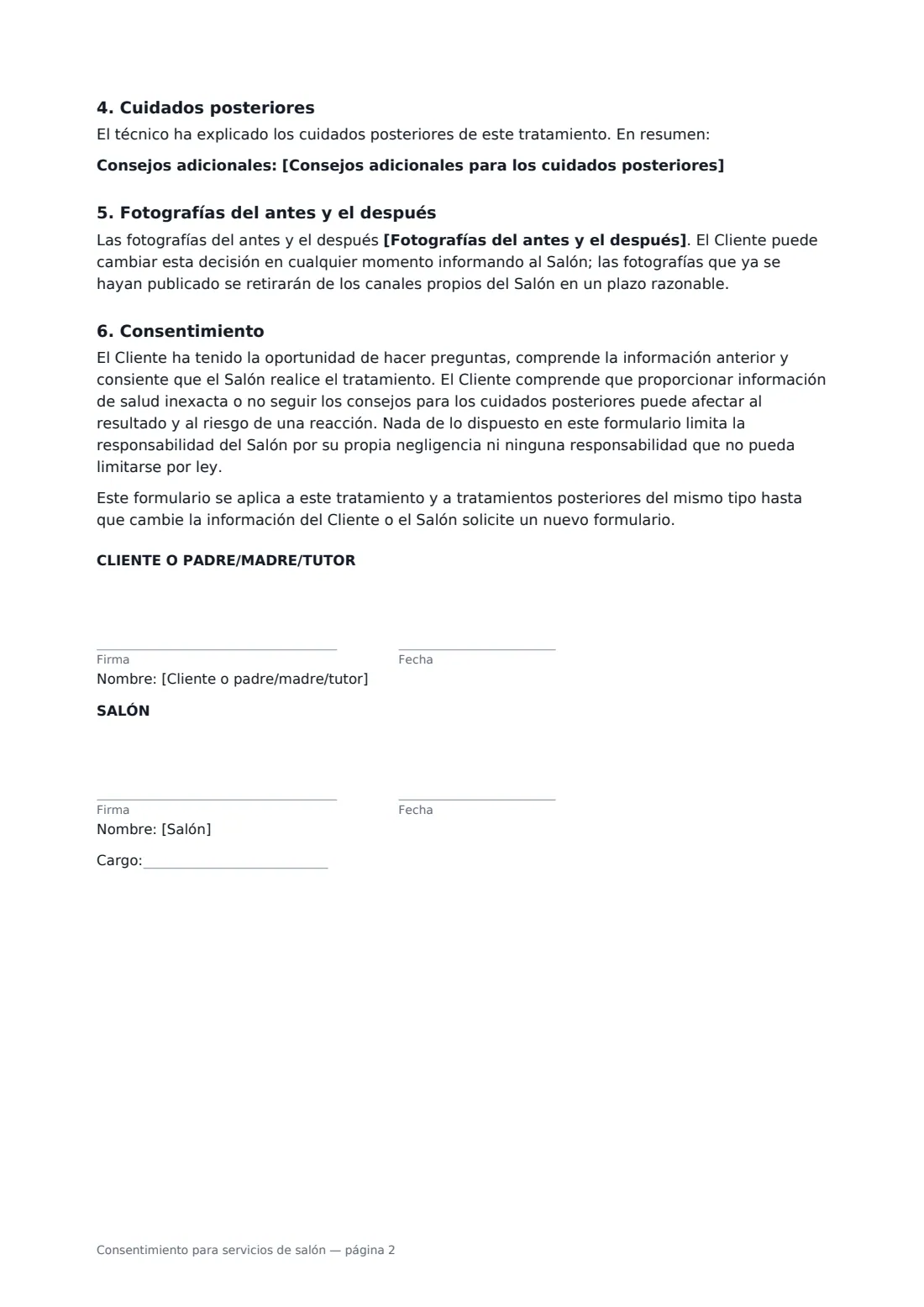 Consentimiento para servicios de salón: página 2 de 2