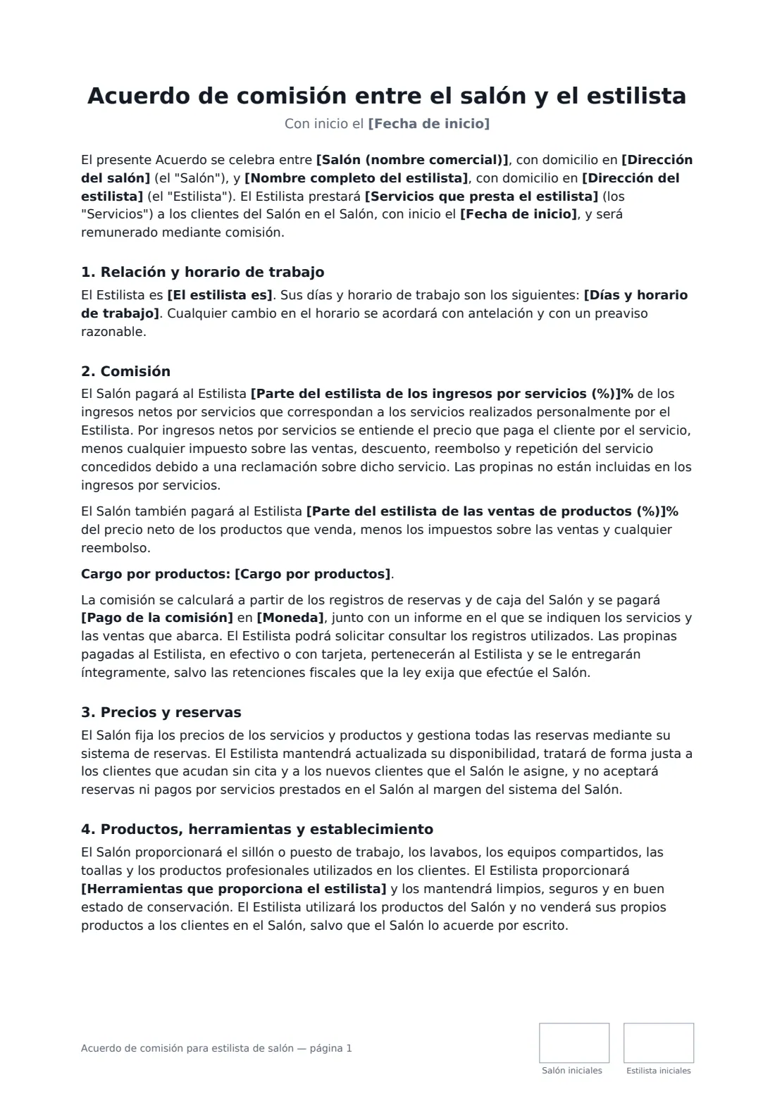 Acuerdo de comisión para estilista de salón: página 1 de 3