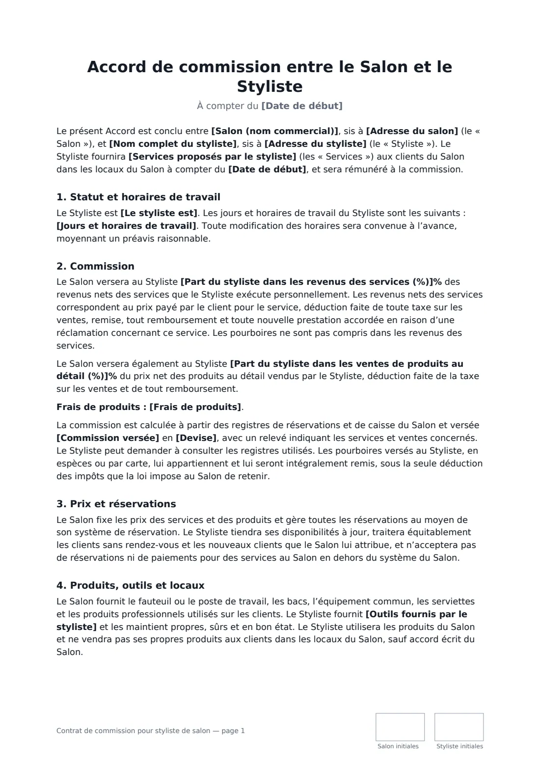 Contrat de commission pour styliste de salon — page 1 sur 3