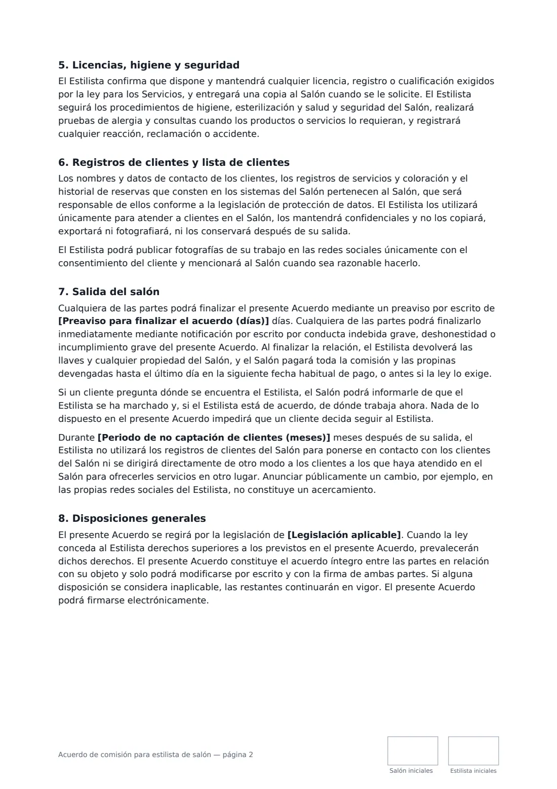 Acuerdo de comisión para estilista de salón: página 2 de 3