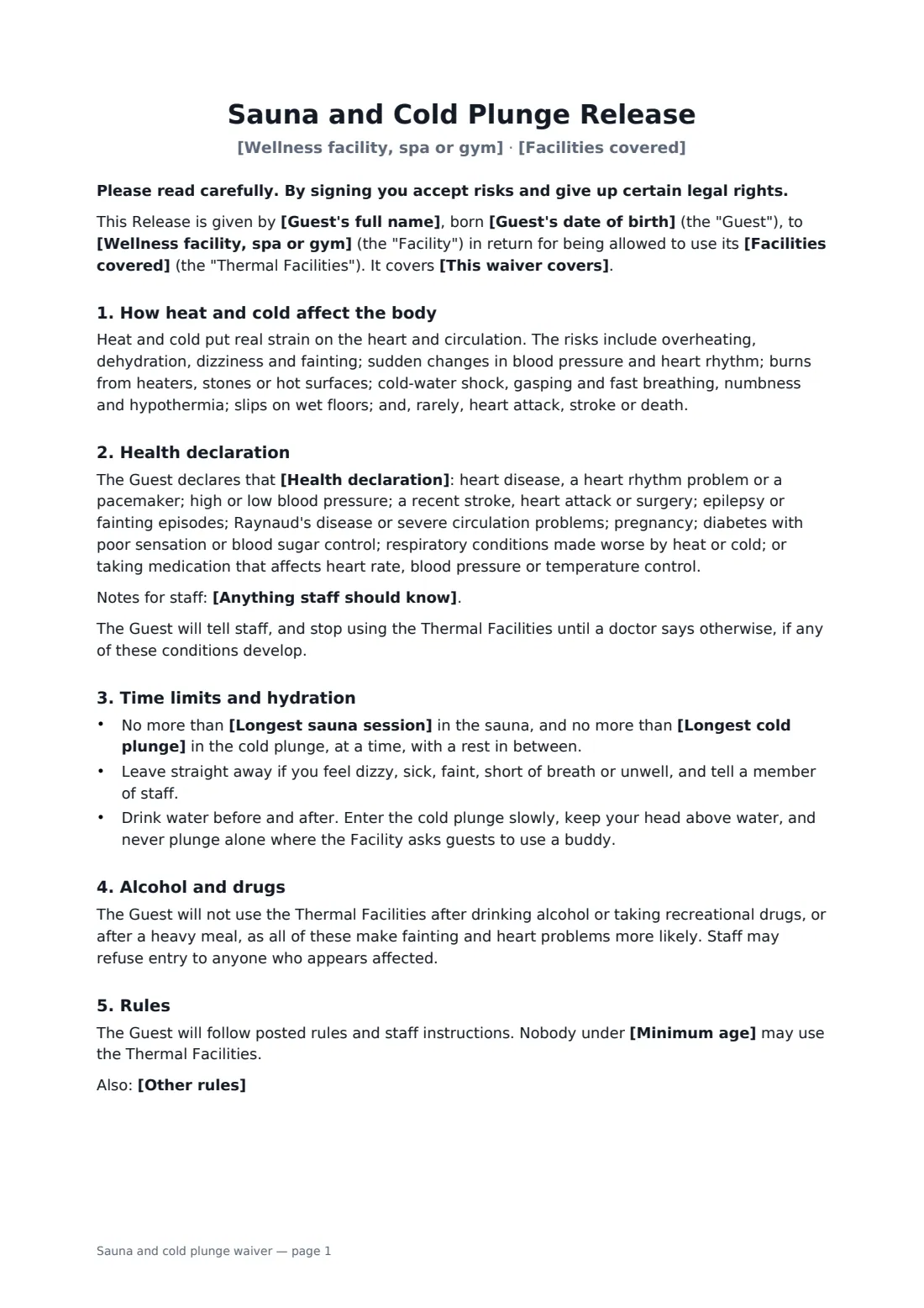 Sauna and cold plunge waiver — page 1 of 2