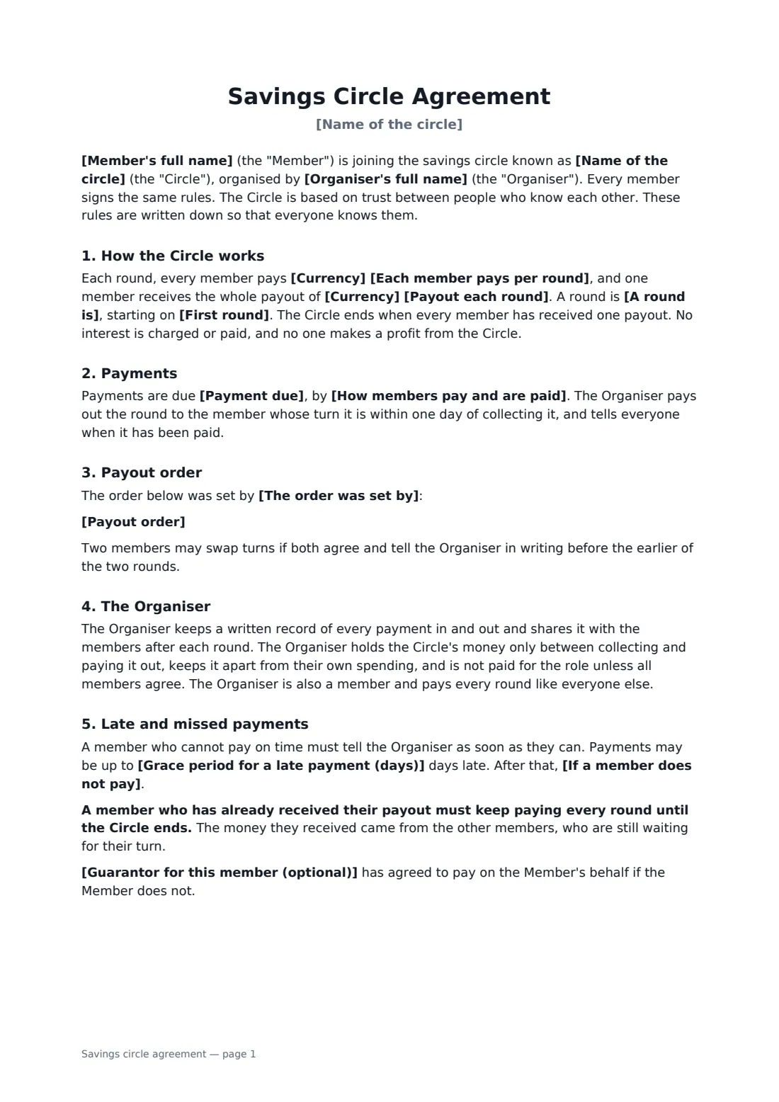 Savings circle agreement — page 1 of 2