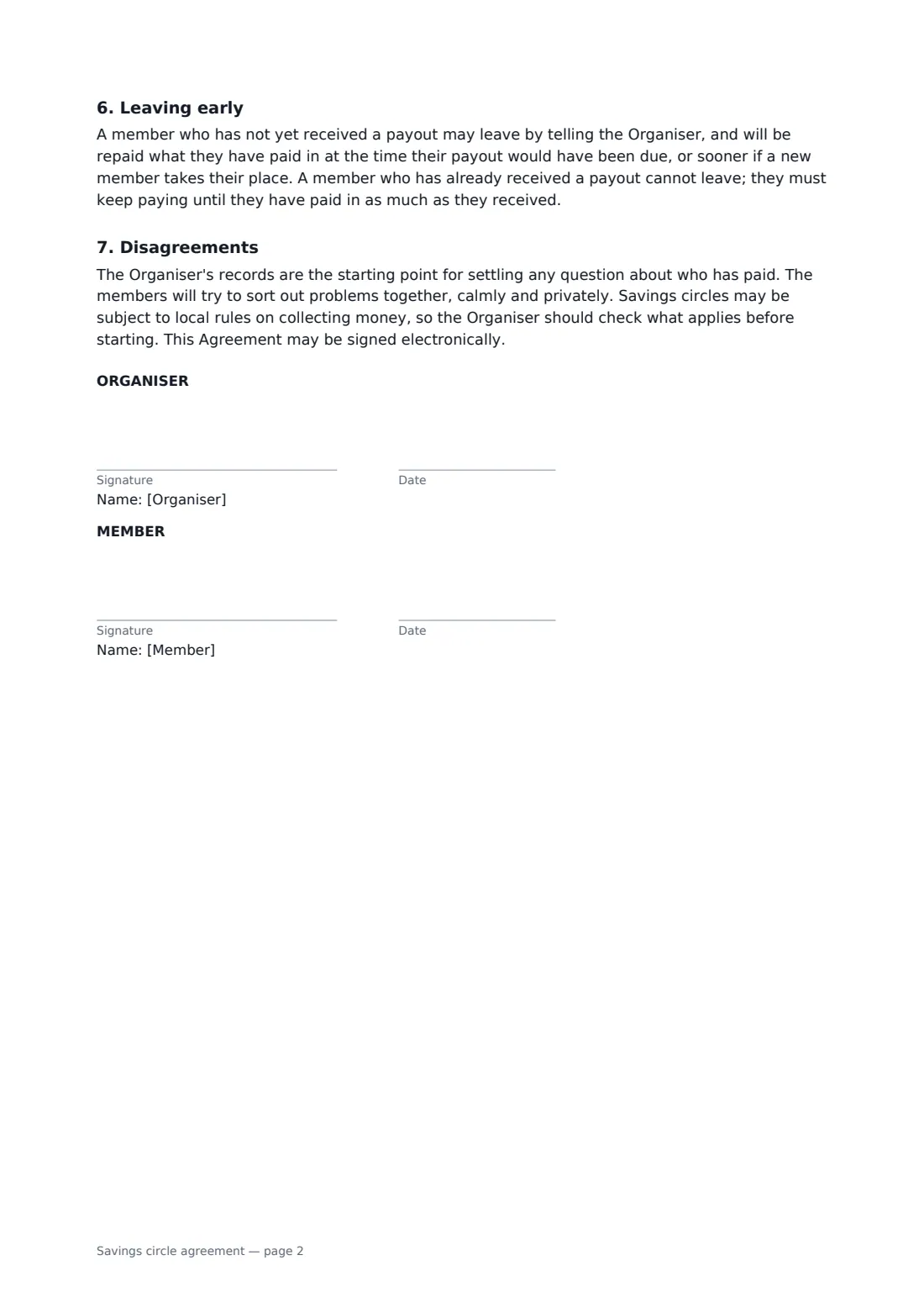 Savings circle agreement — page 2 of 2
