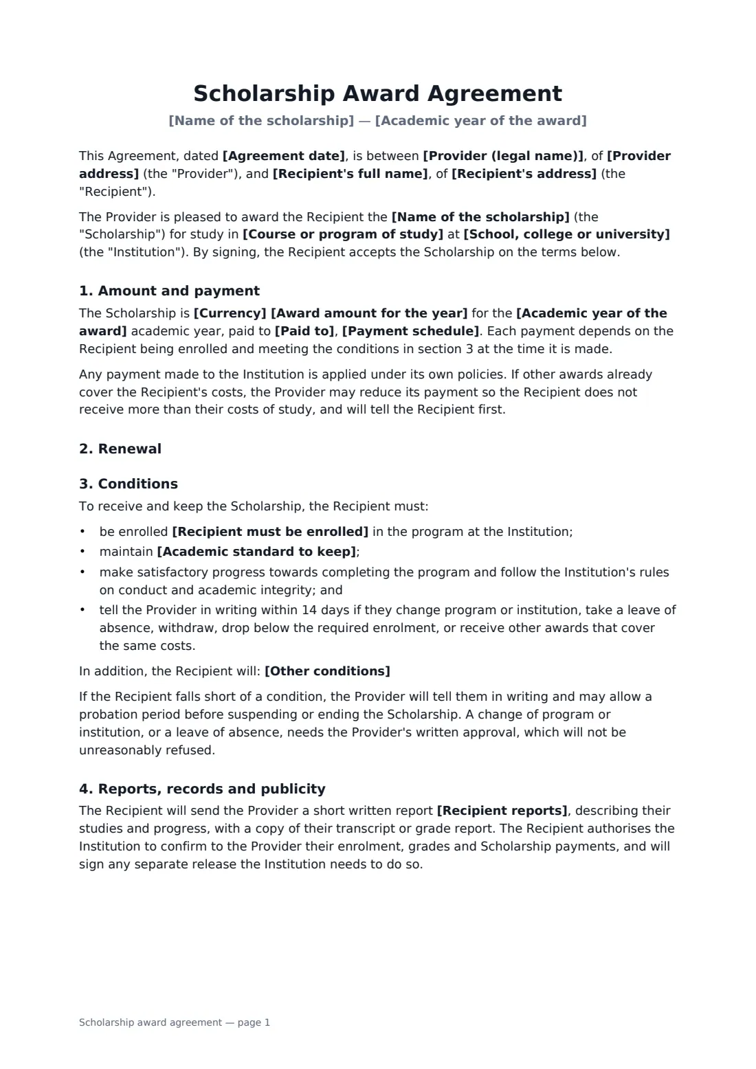 Scholarship award agreement — page 1 of 2
