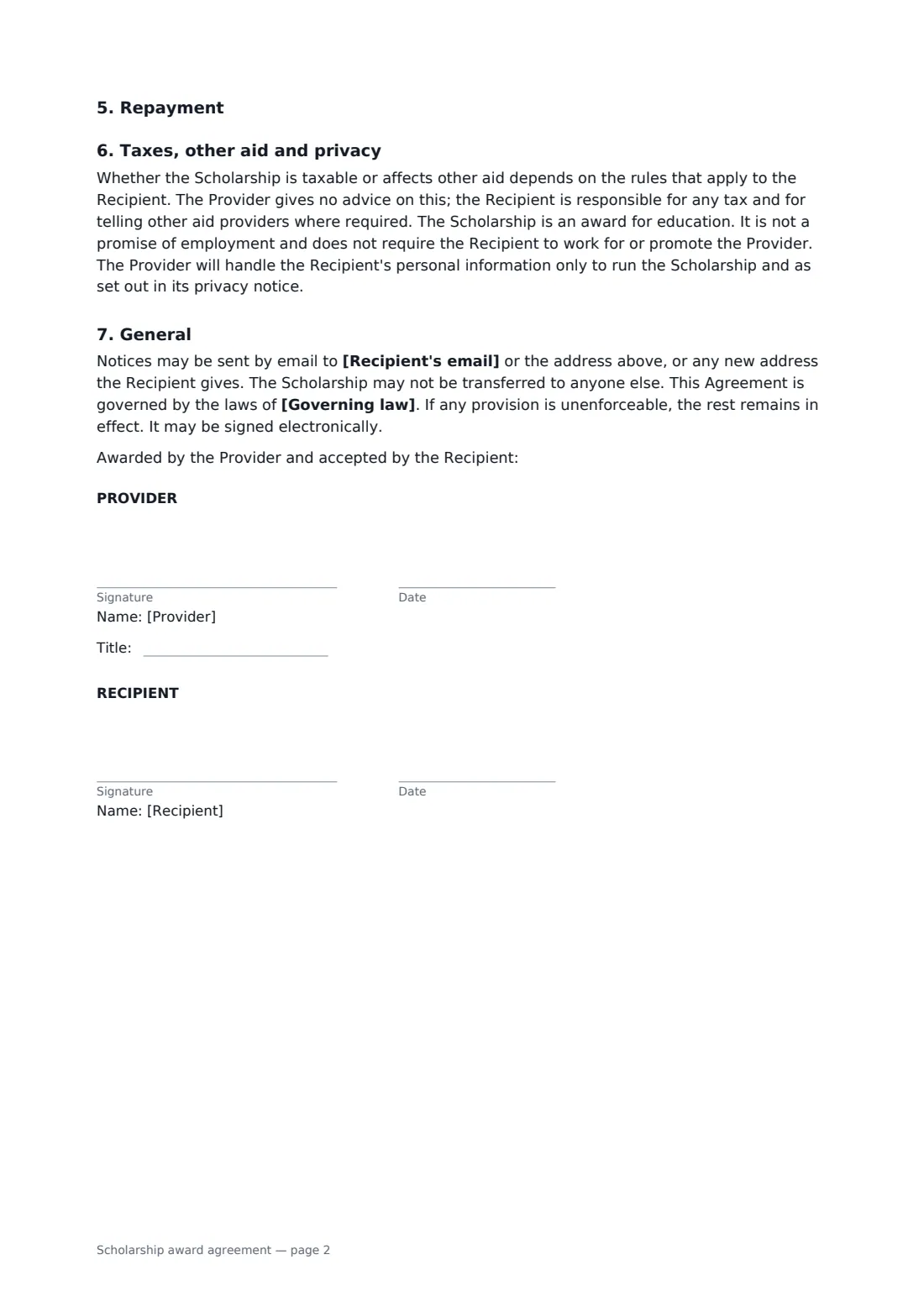 Scholarship award agreement — page 2 of 2