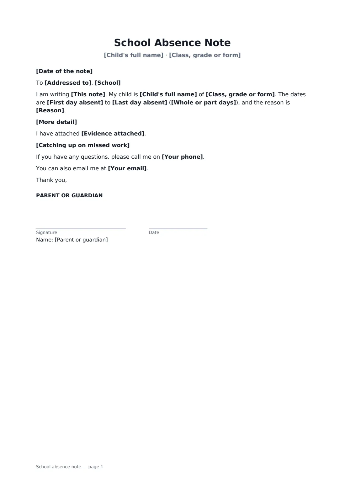 School absence note — page 1 of 1