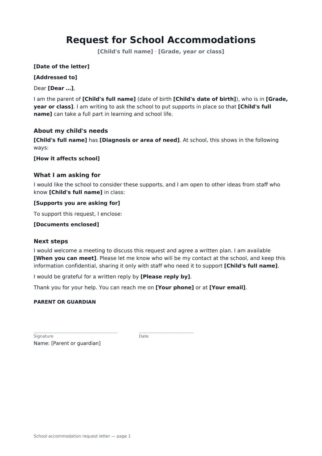 School accommodation request letter — page 1 of 1