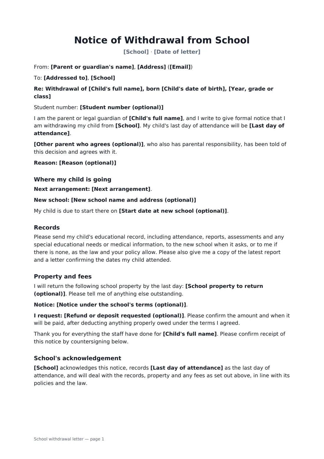 School withdrawal letter — page 1 of 2