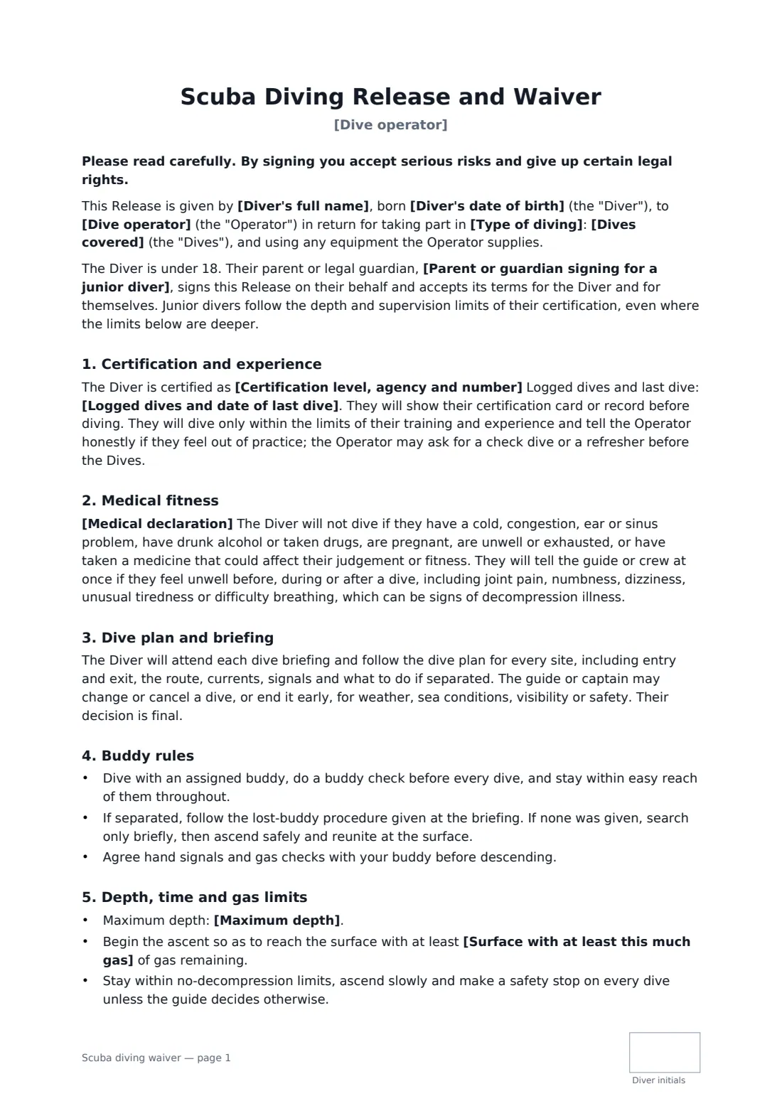 Scuba diving waiver — page 1 of 3