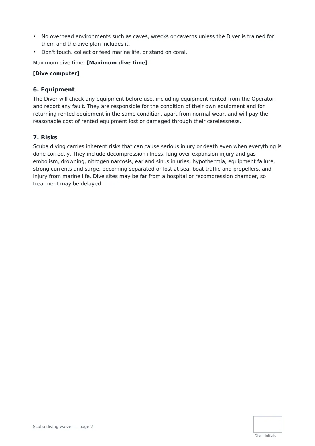 Scuba diving waiver — page 2 of 3
