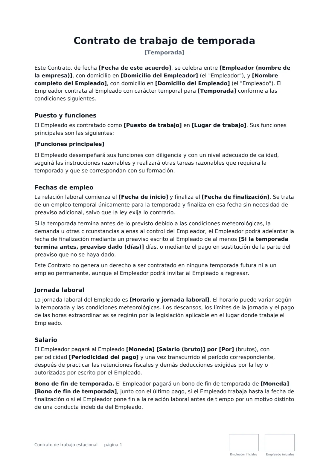 Contrato de trabajo estacional: página 1 de 3