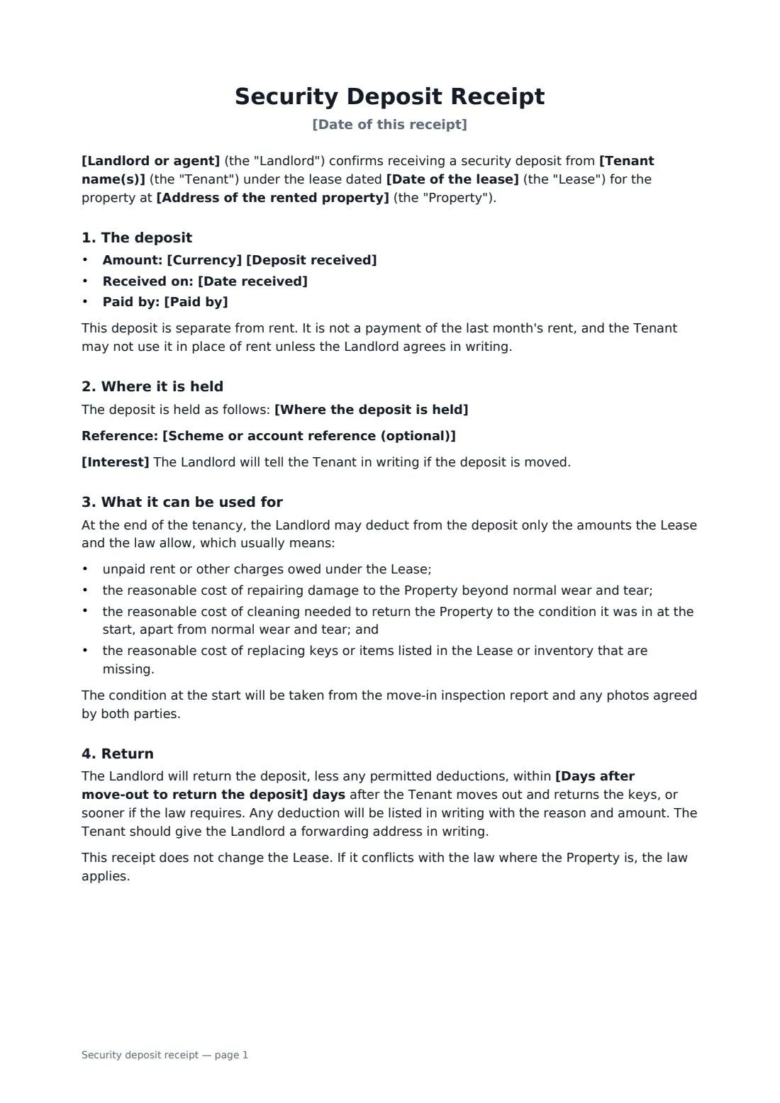 Security deposit receipt — page 1 of 2