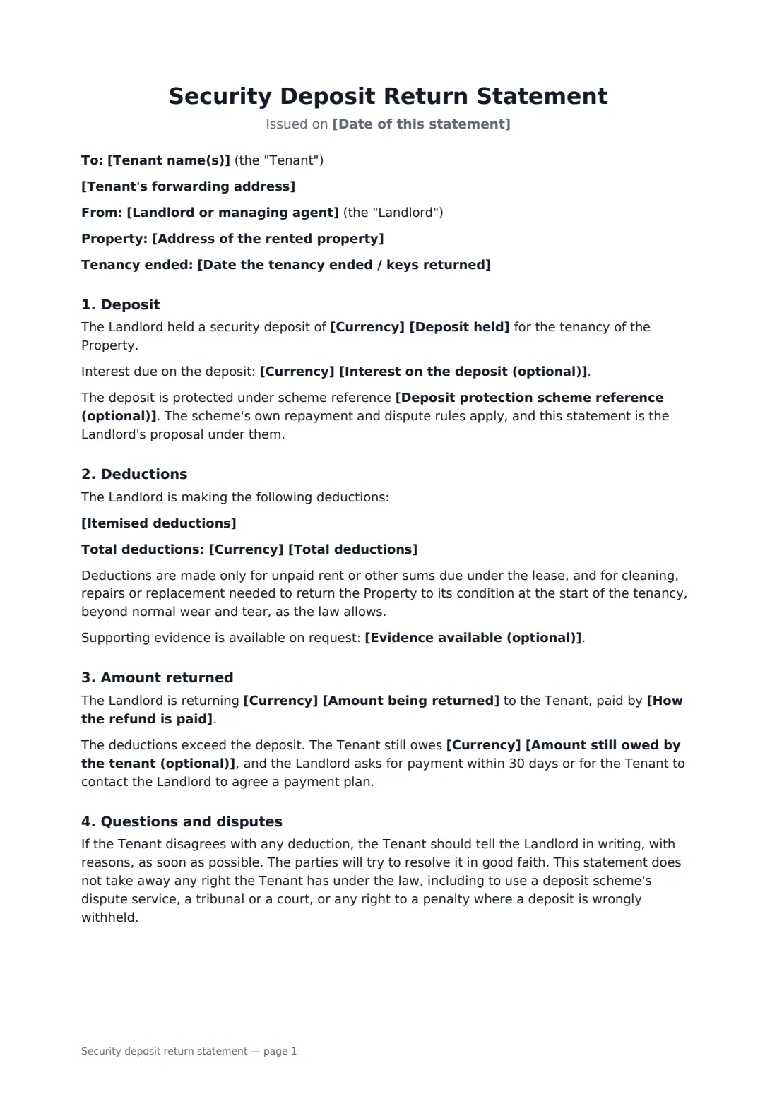 Security deposit return statement — page 1 of 2