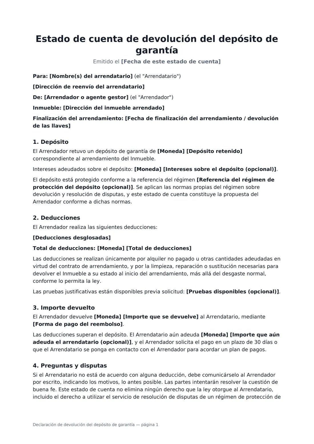 Declaración de devolución del depósito de garantía: página 1 de 2