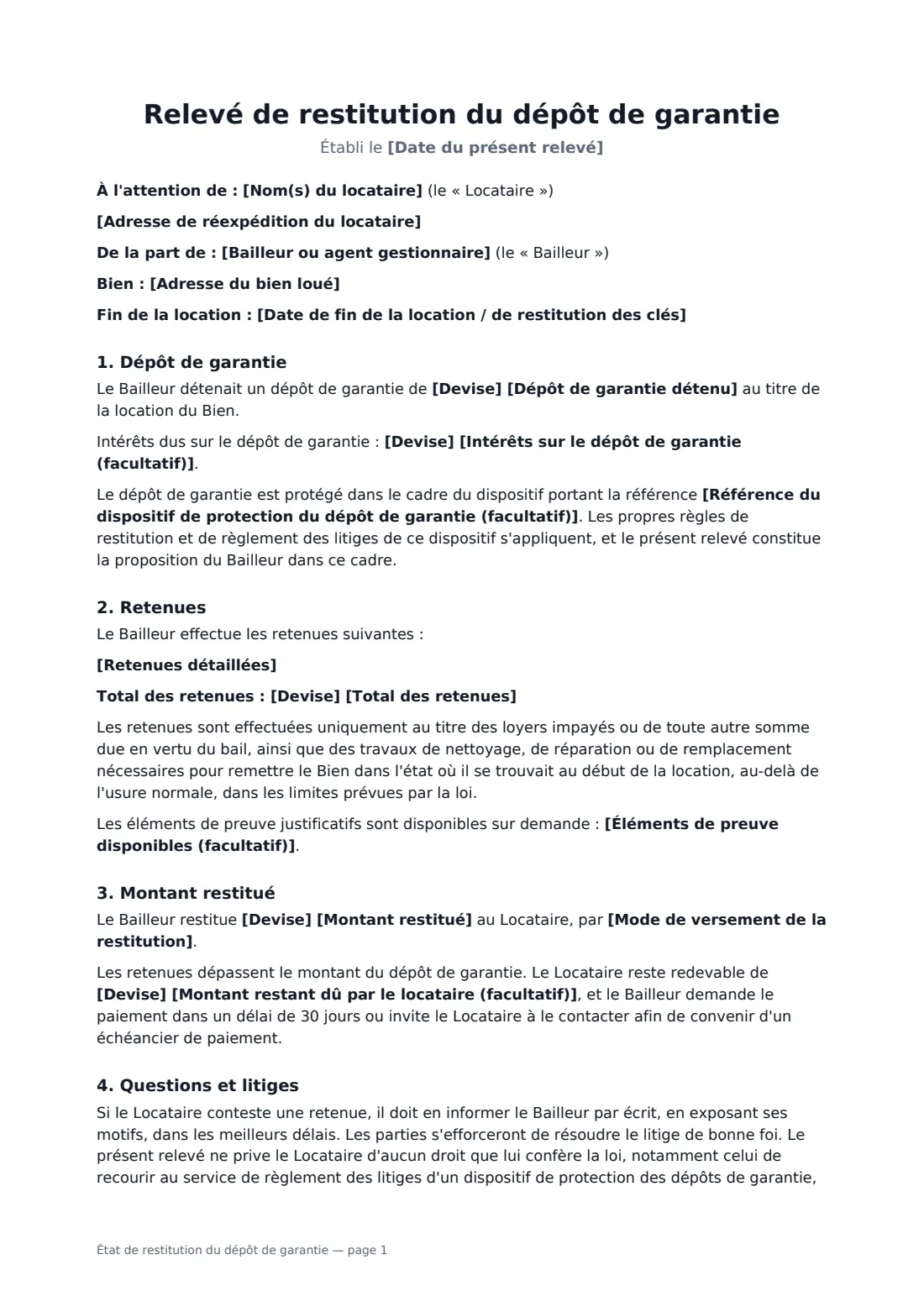 État de restitution du dépôt de garantie — page 1 sur 2