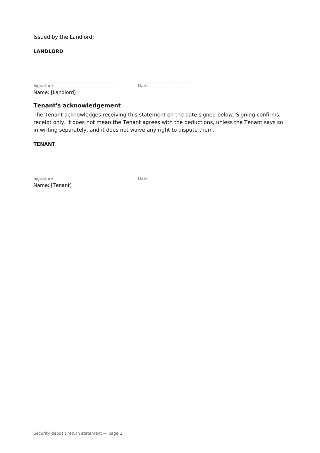 Security deposit return statement — page 2 of 2