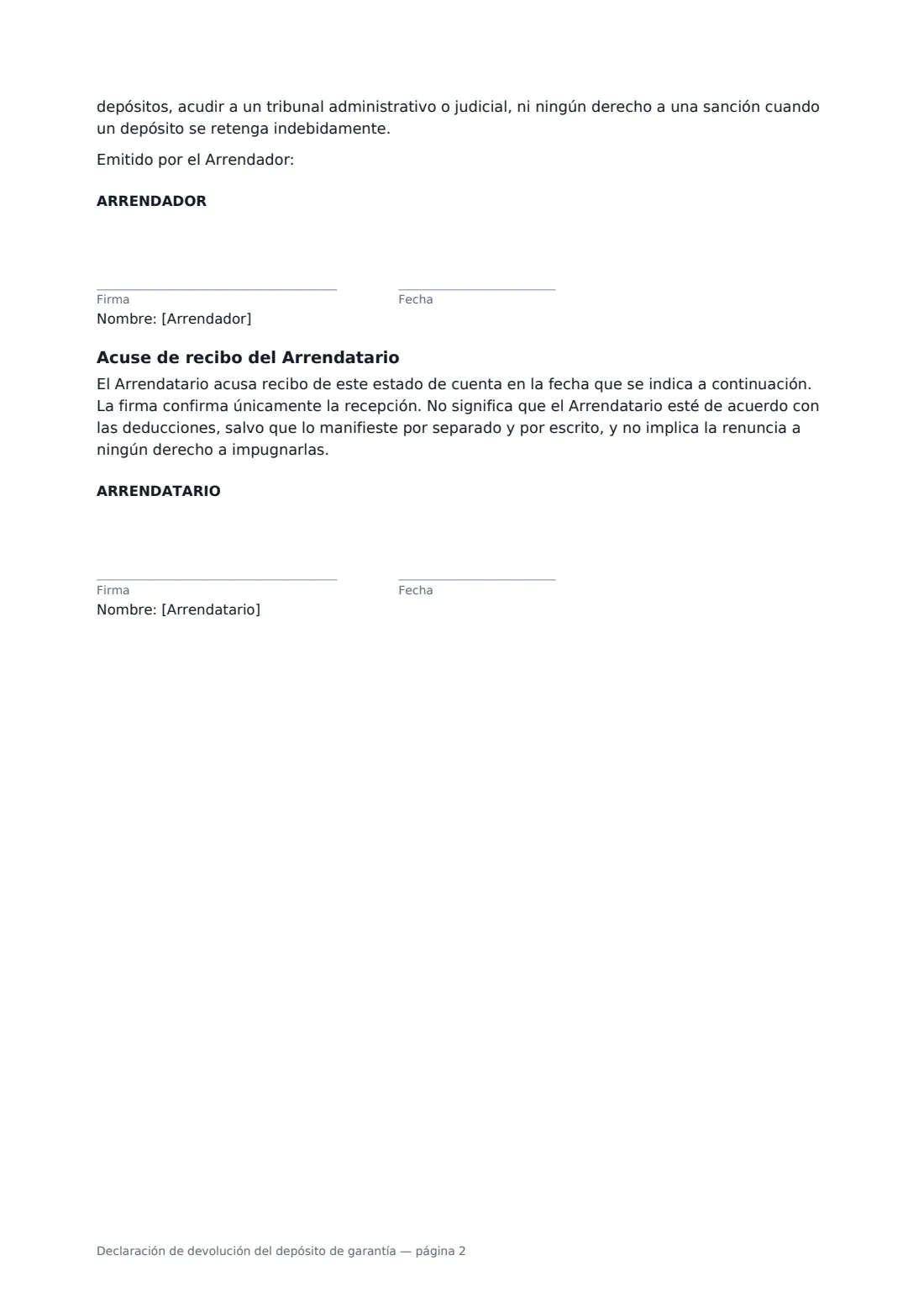 Declaración de devolución del depósito de garantía: página 2 de 2