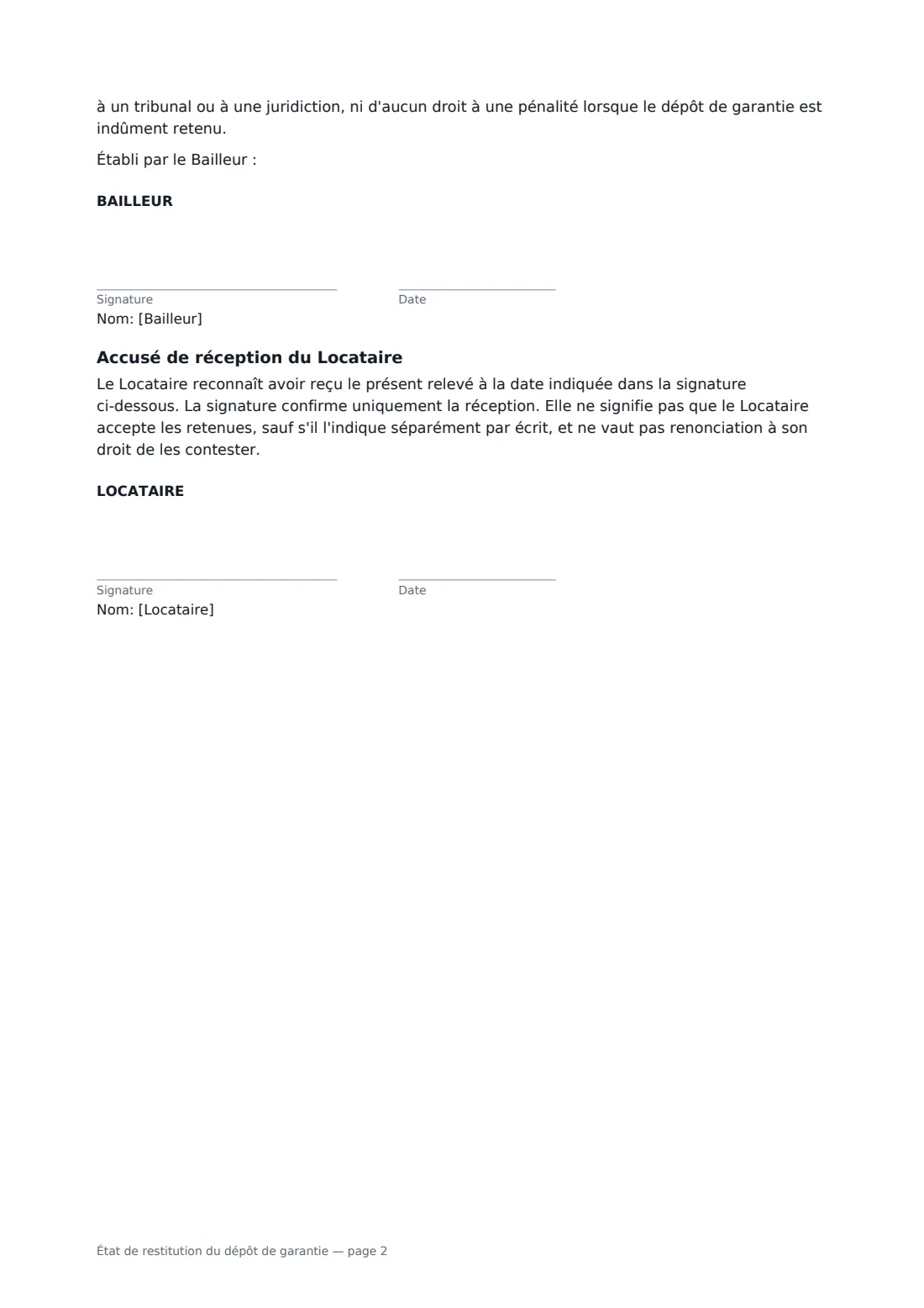 État de restitution du dépôt de garantie — page 2 sur 2