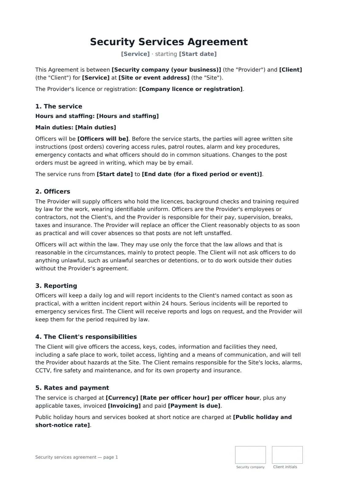Security services agreement — page 1 of 3