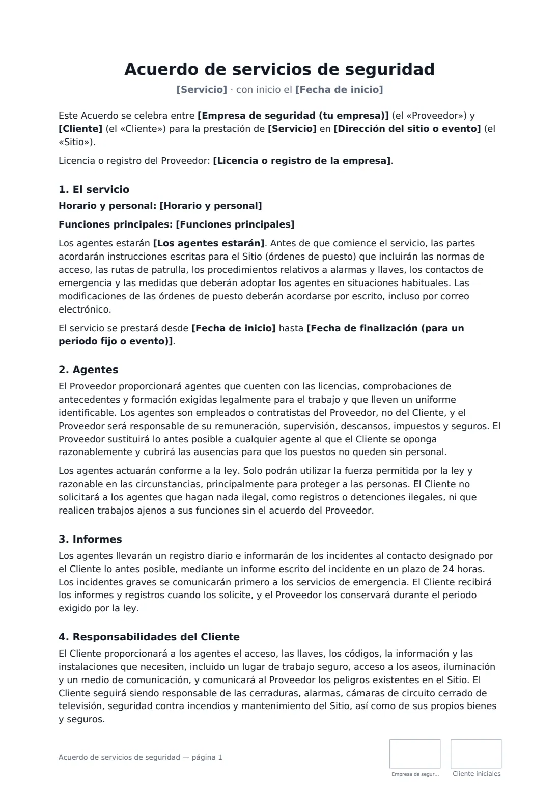 Acuerdo de servicios de seguridad: página 1 de 3