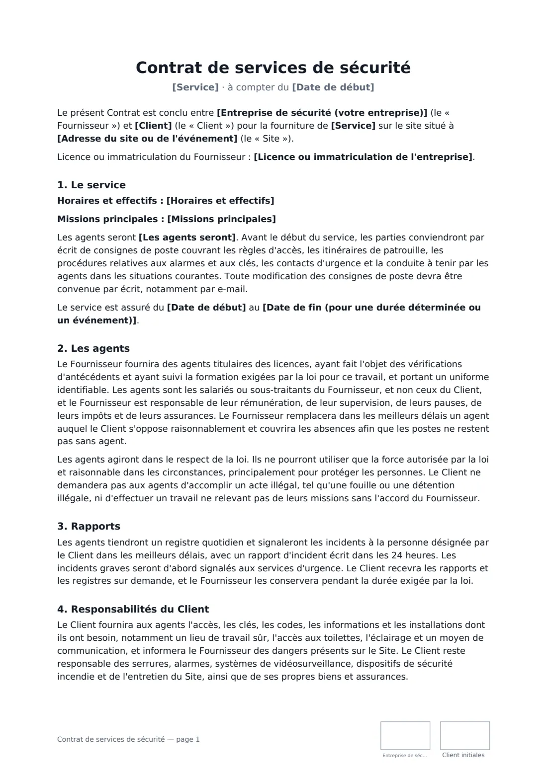 Contrat de services de sécurité — page 1 sur 3