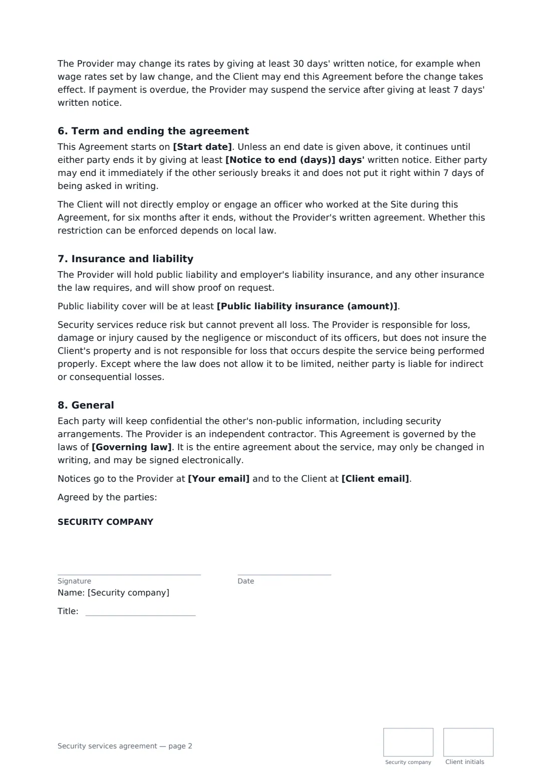 Security services agreement — page 2 of 3