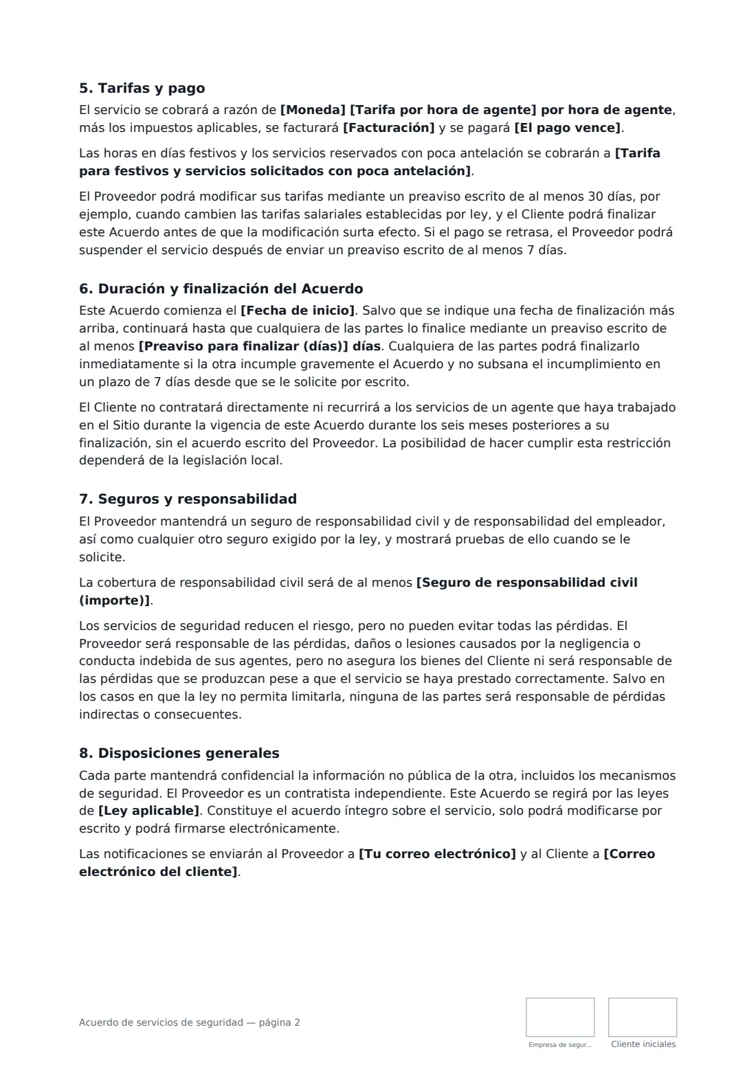 Acuerdo de servicios de seguridad: página 2 de 3