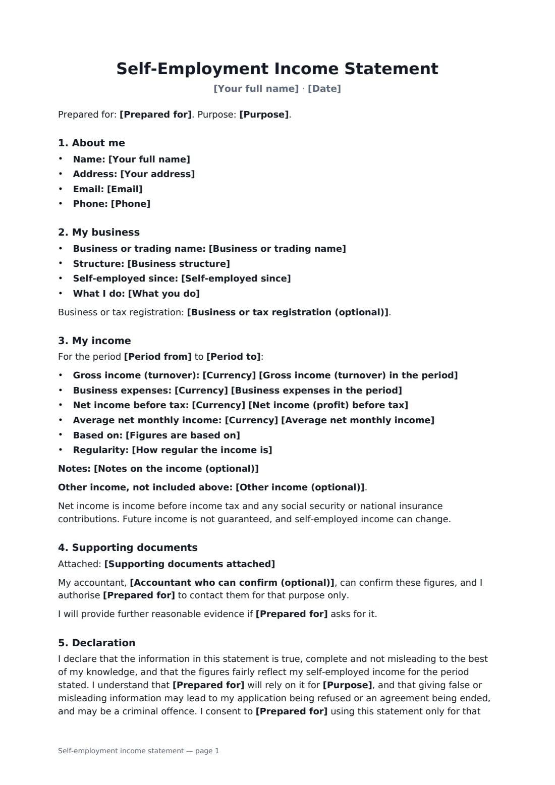 Self-employment income statement — page 1 of 2