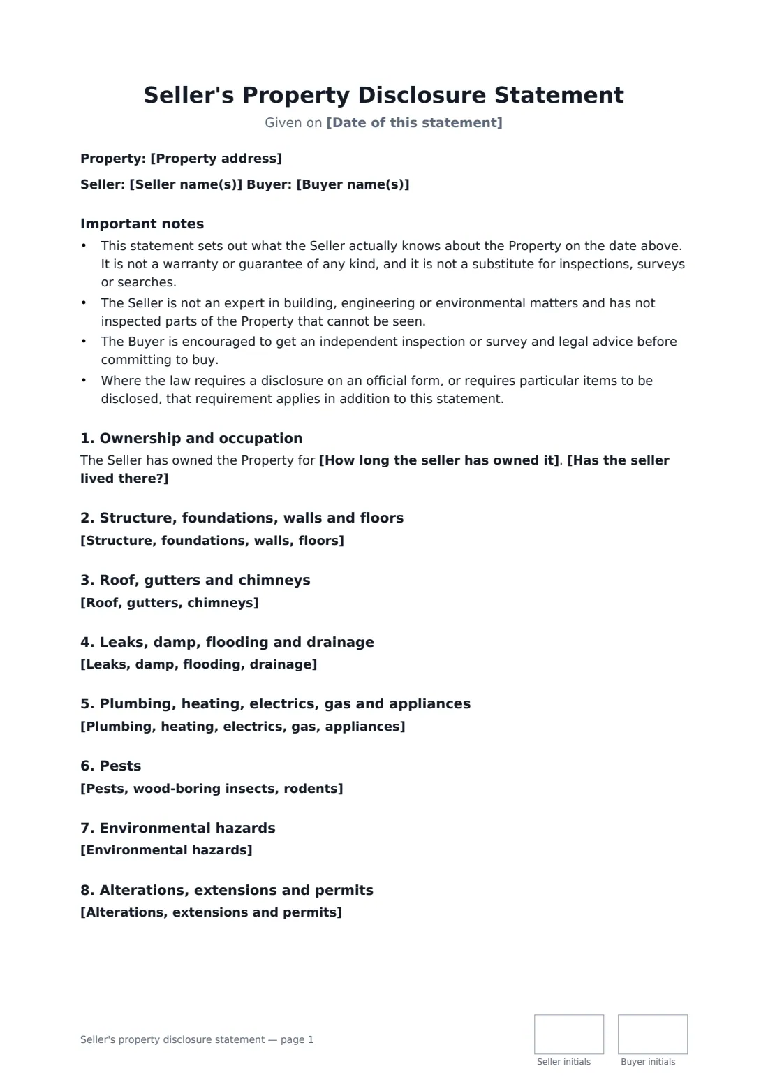 Seller's property disclosure statement — page 1 of 2