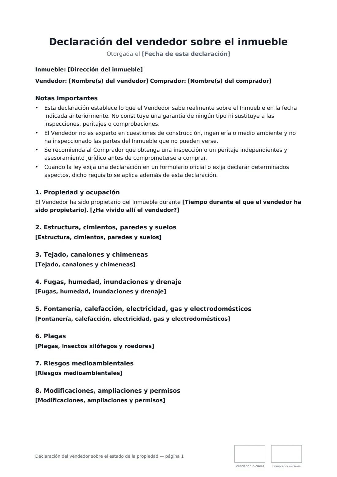 Declaración del vendedor sobre el estado de la propiedad: página 1 de 2