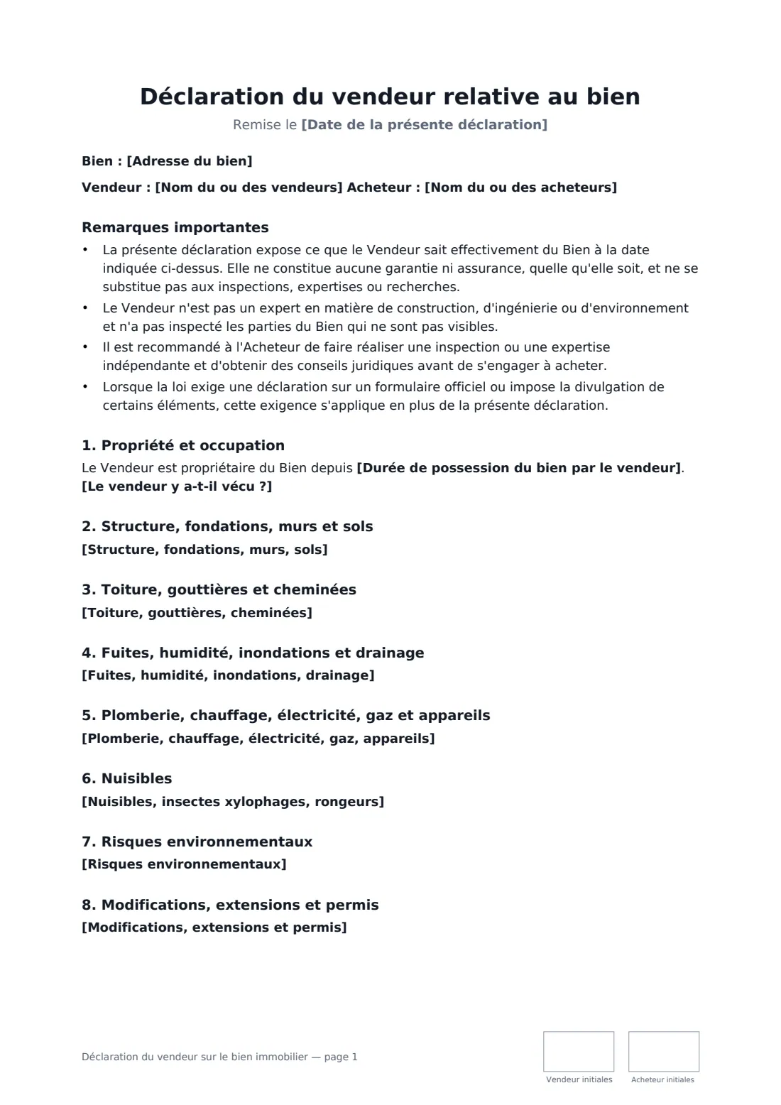 Déclaration du vendeur sur le bien immobilier — page 1 sur 2