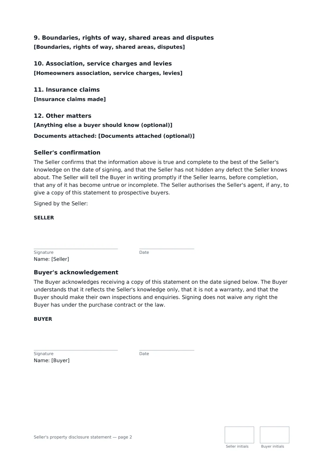 Seller's property disclosure statement — page 2 of 2