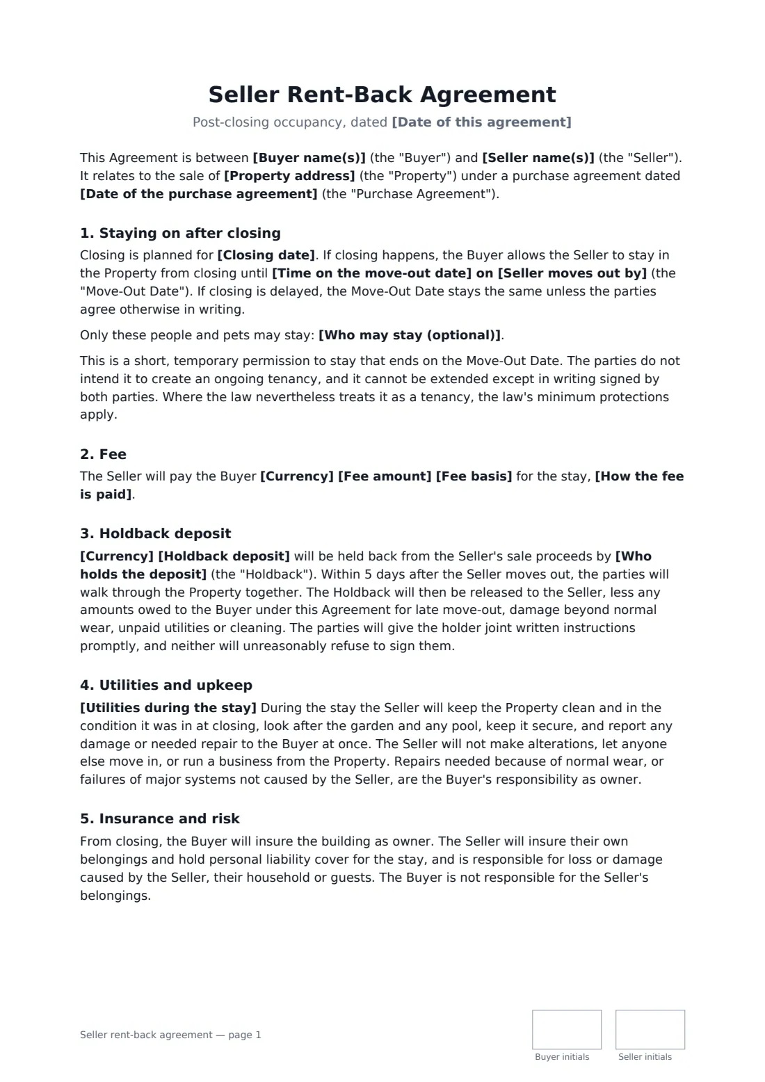 Seller rent-back agreement — page 1 of 2
