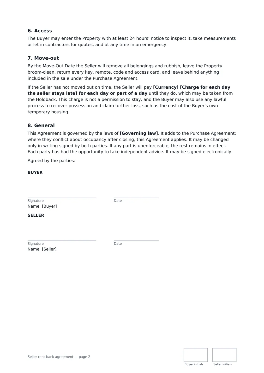 Seller rent-back agreement — page 2 of 2