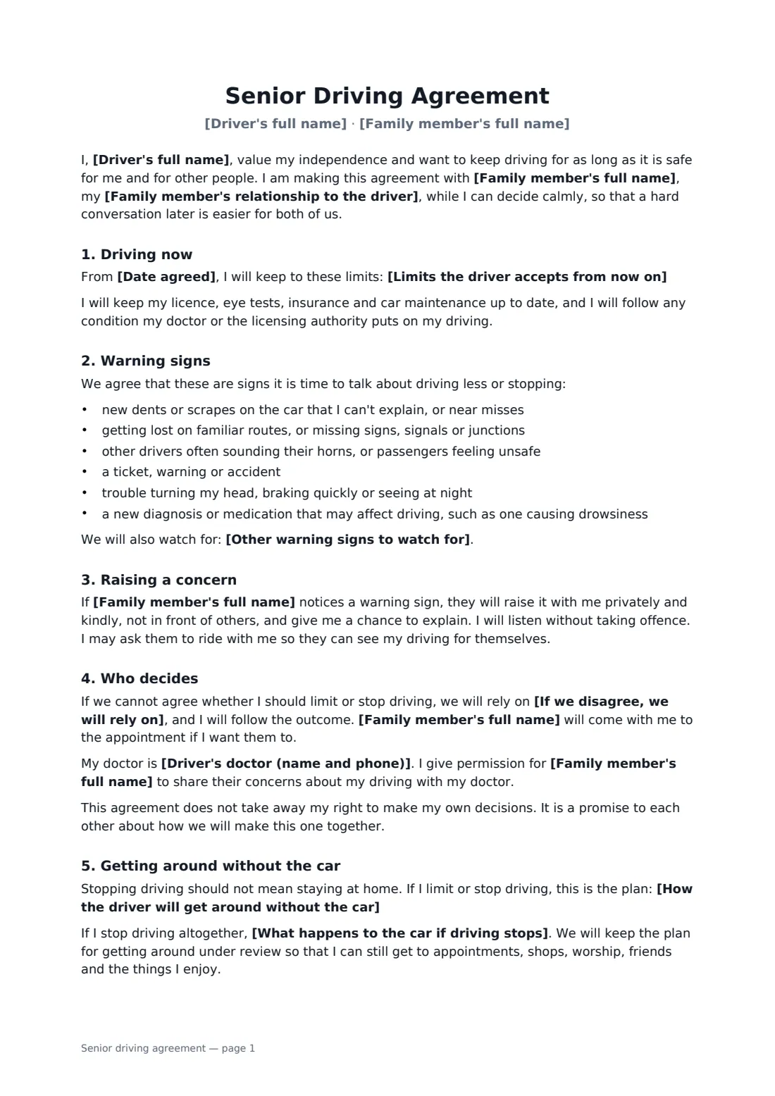 Senior driving agreement — page 1 of 2