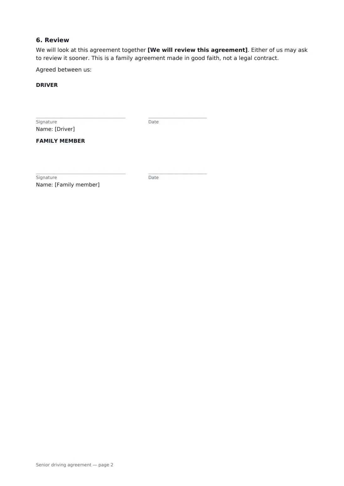 Senior driving agreement — page 2 of 2