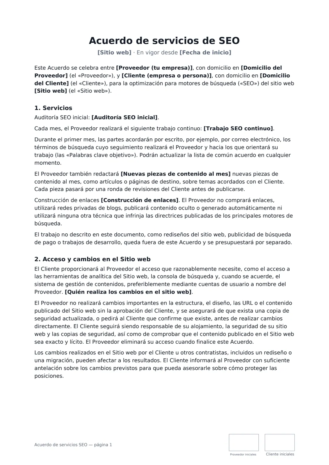 Acuerdo de servicios SEO: página 1 de 3