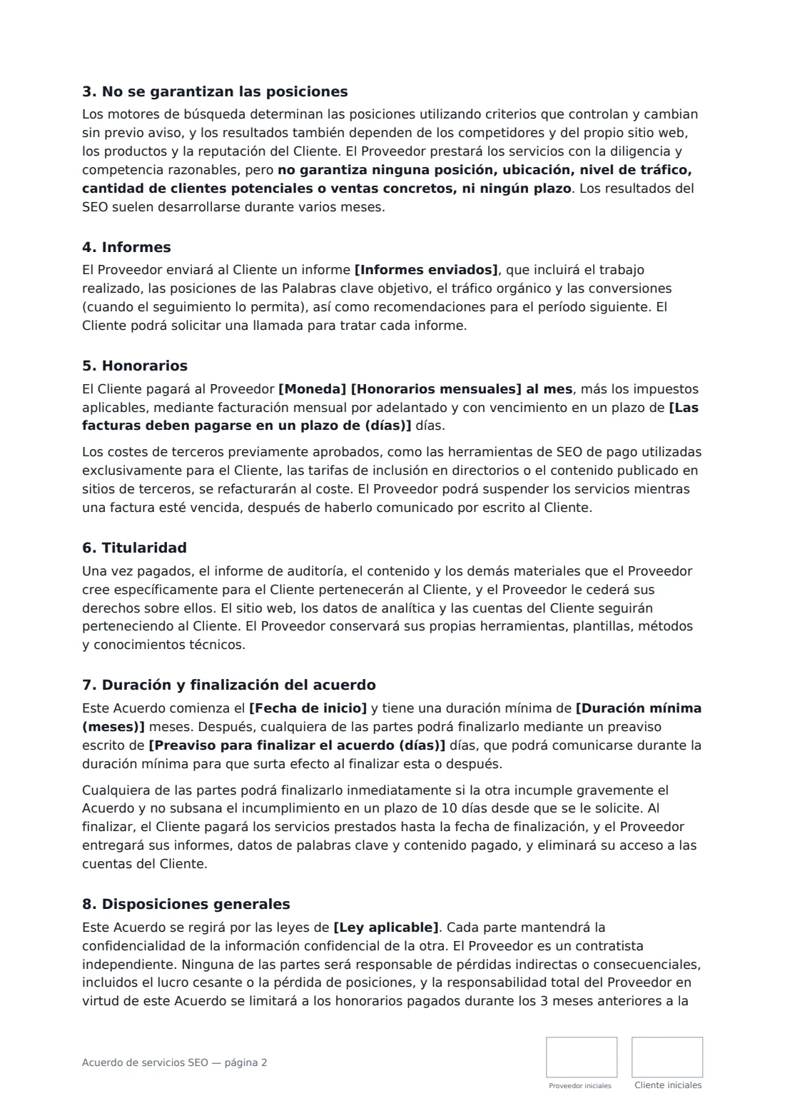 Acuerdo de servicios SEO: página 2 de 3