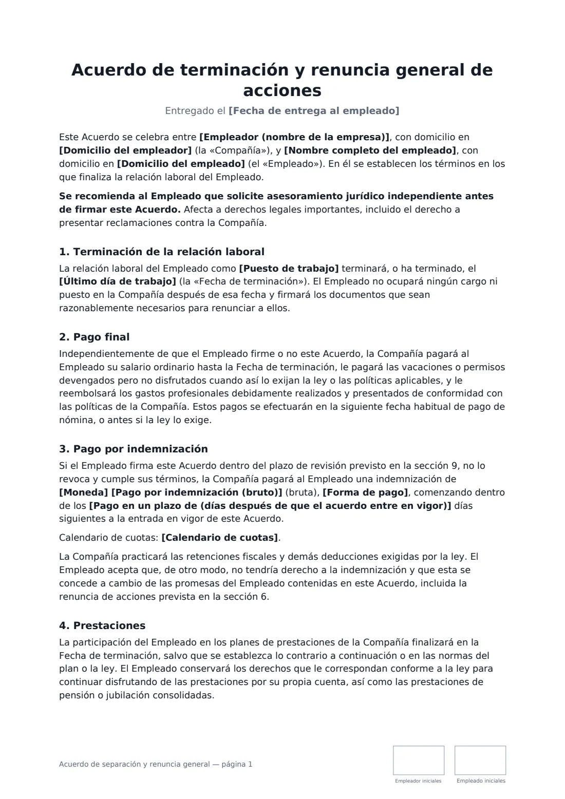 Acuerdo de separación y renuncia general: página 1 de 4
