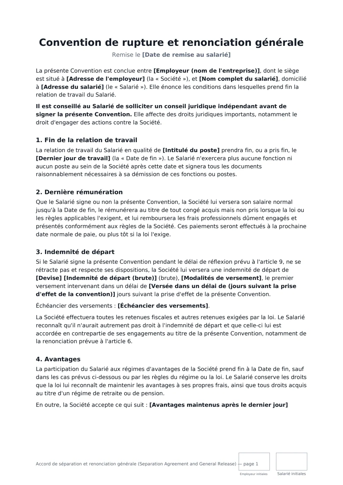 Accord de séparation et renonciation générale (Separation Agreement and General Release) — page 1 sur 4