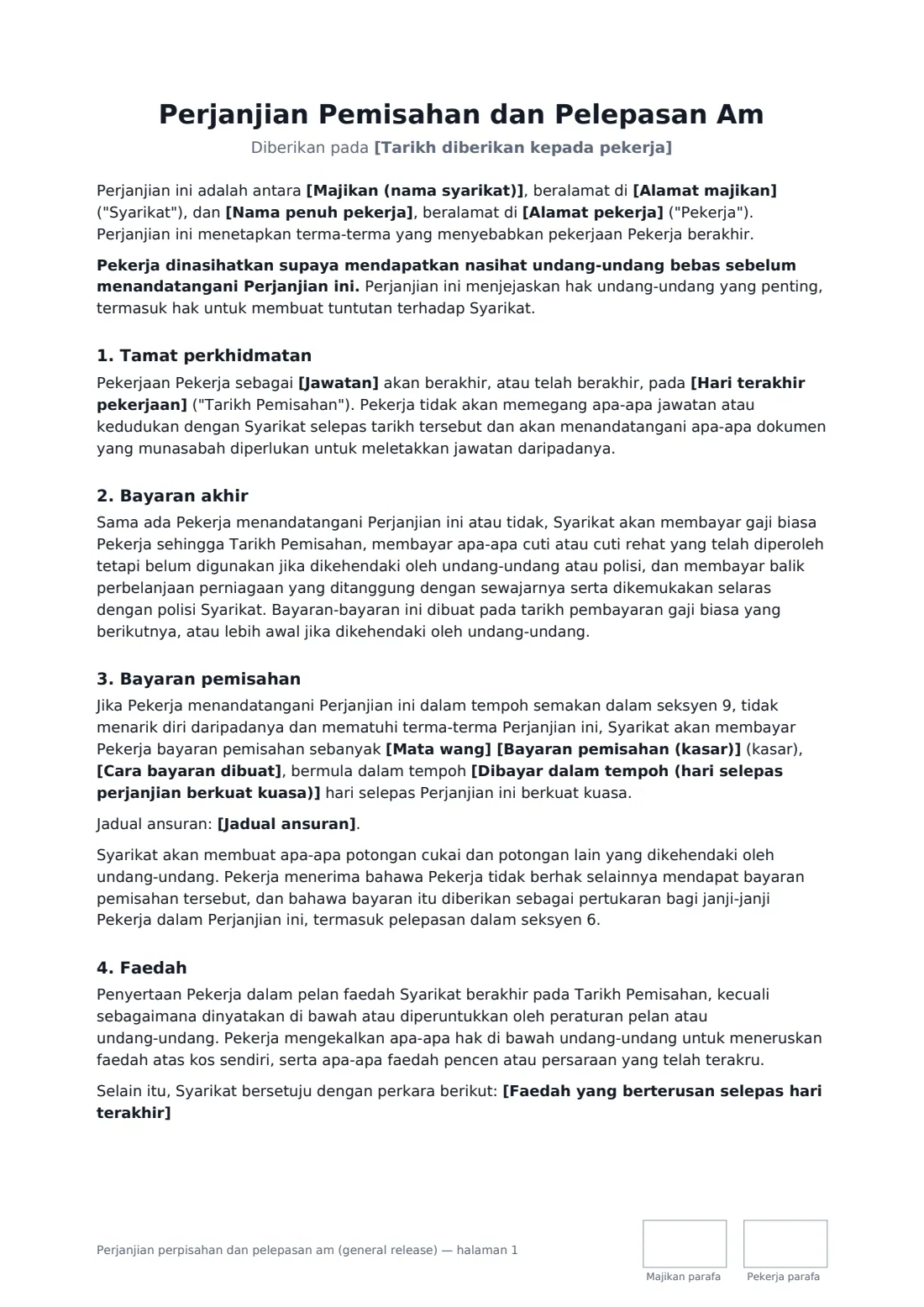 Perjanjian perpisahan dan pelepasan am (general release) — halaman 1 daripada 4