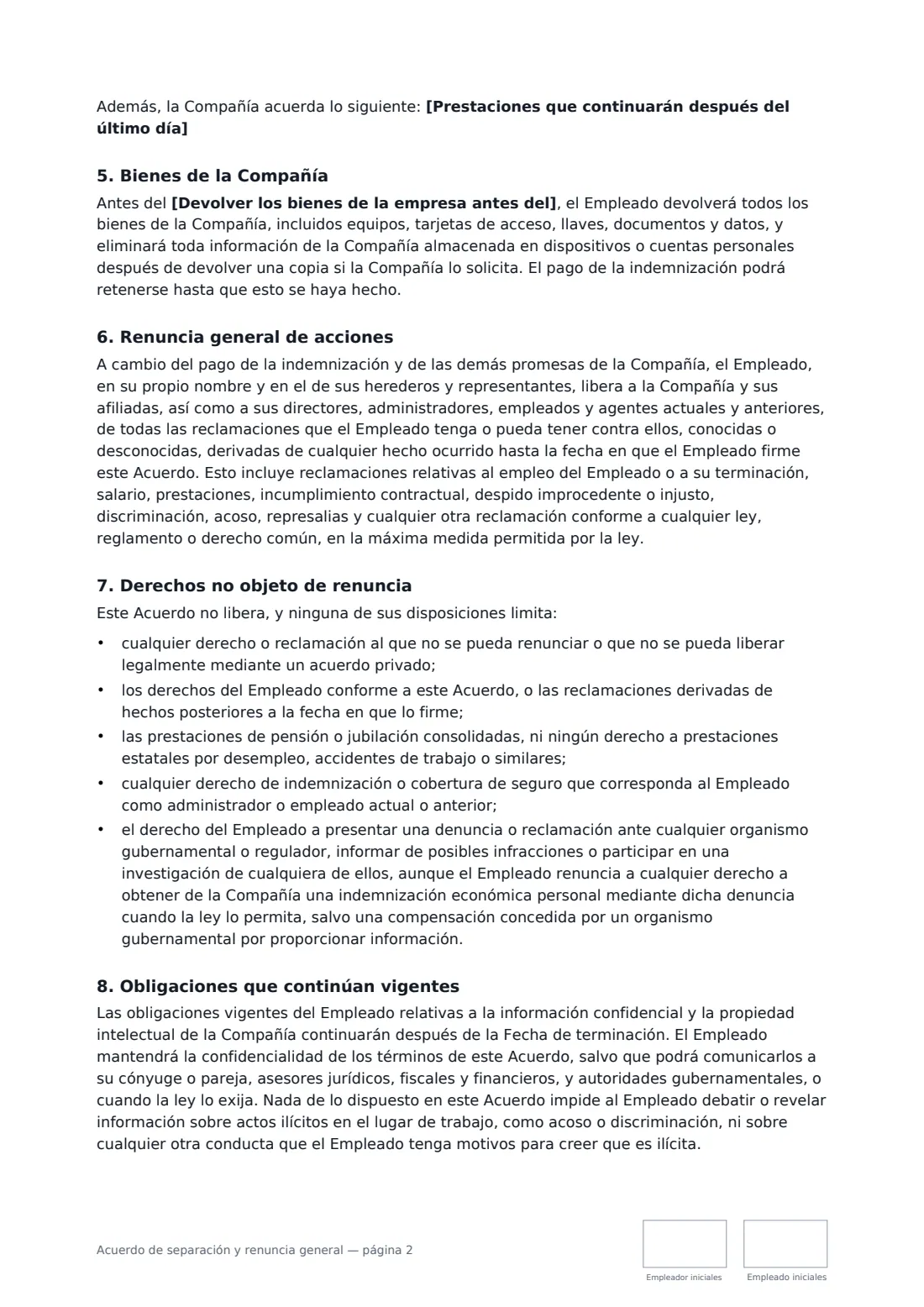 Acuerdo de separación y renuncia general: página 2 de 4