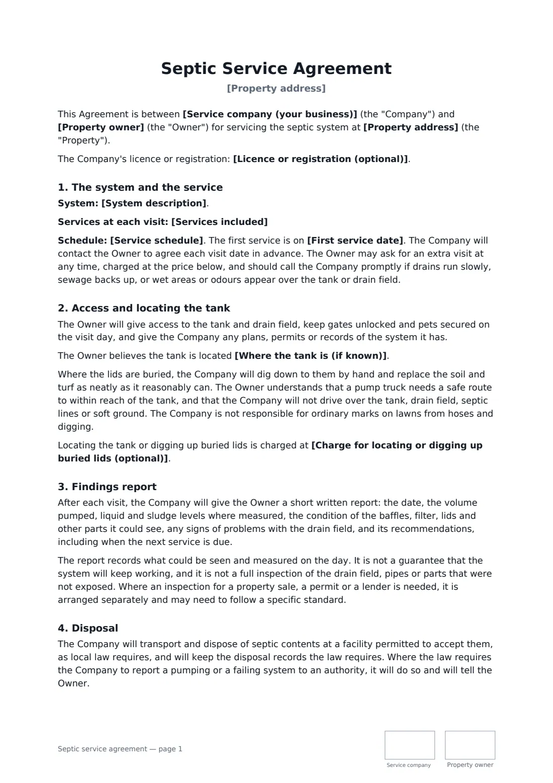 Septic service agreement — page 1 of 3