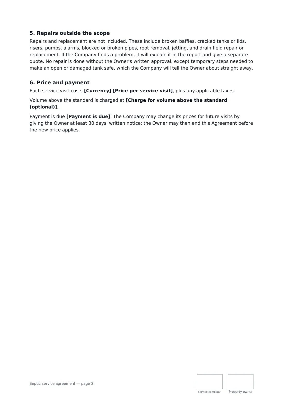 Septic service agreement — page 2 of 3